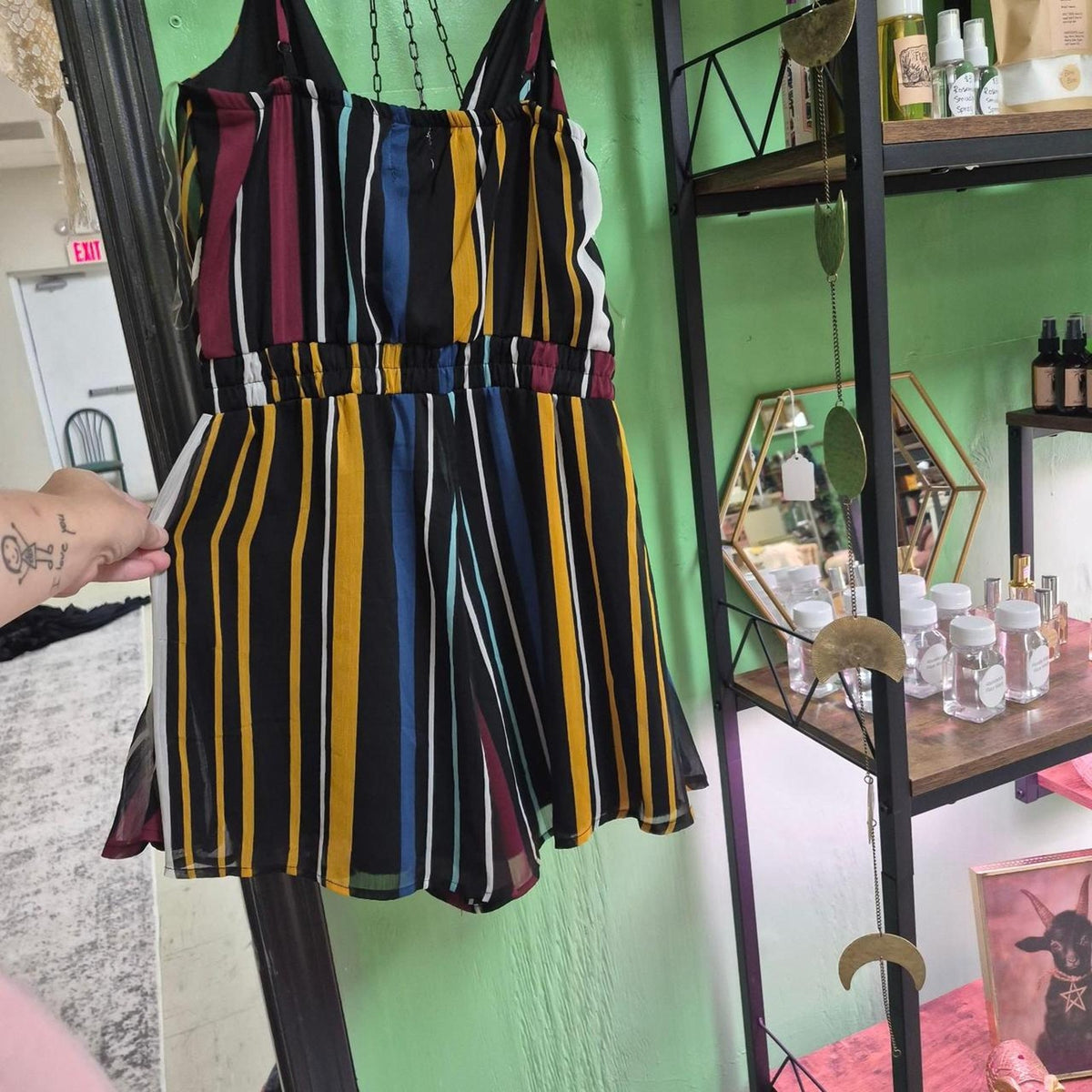 Multi colored vertical striped romper with