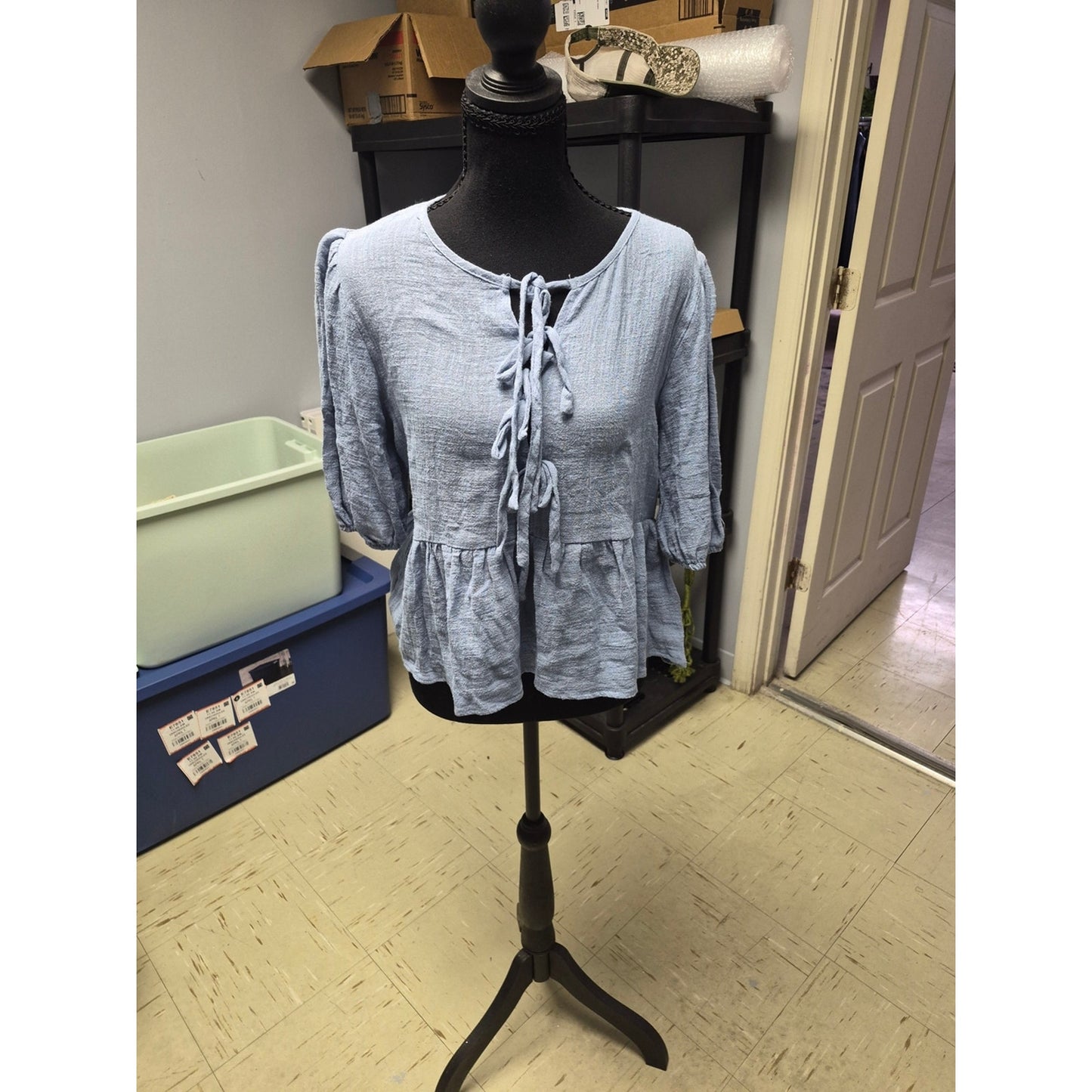 Light Blue Tie-Front Peplum Top with Three-Quarter Sleeves