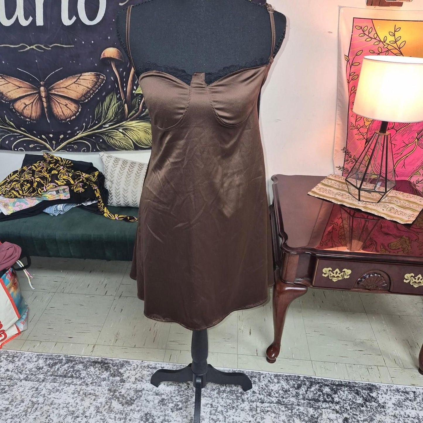 Brown satin slip dress with
