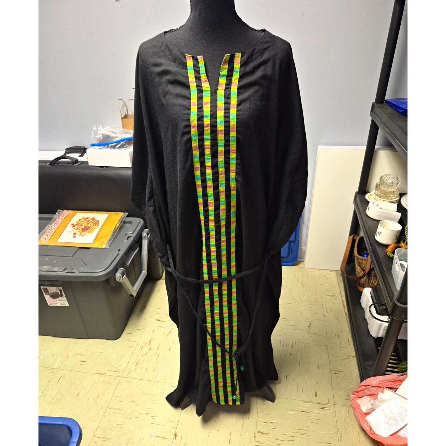La Leela Black Colorblock Embroidered Long Sleeve Kaftan Maxi Dress One Size