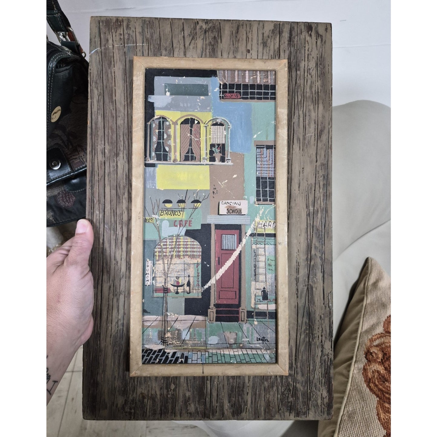 Lotan Signed Framed Portrait Art Print City Street Scene Architecture Paper