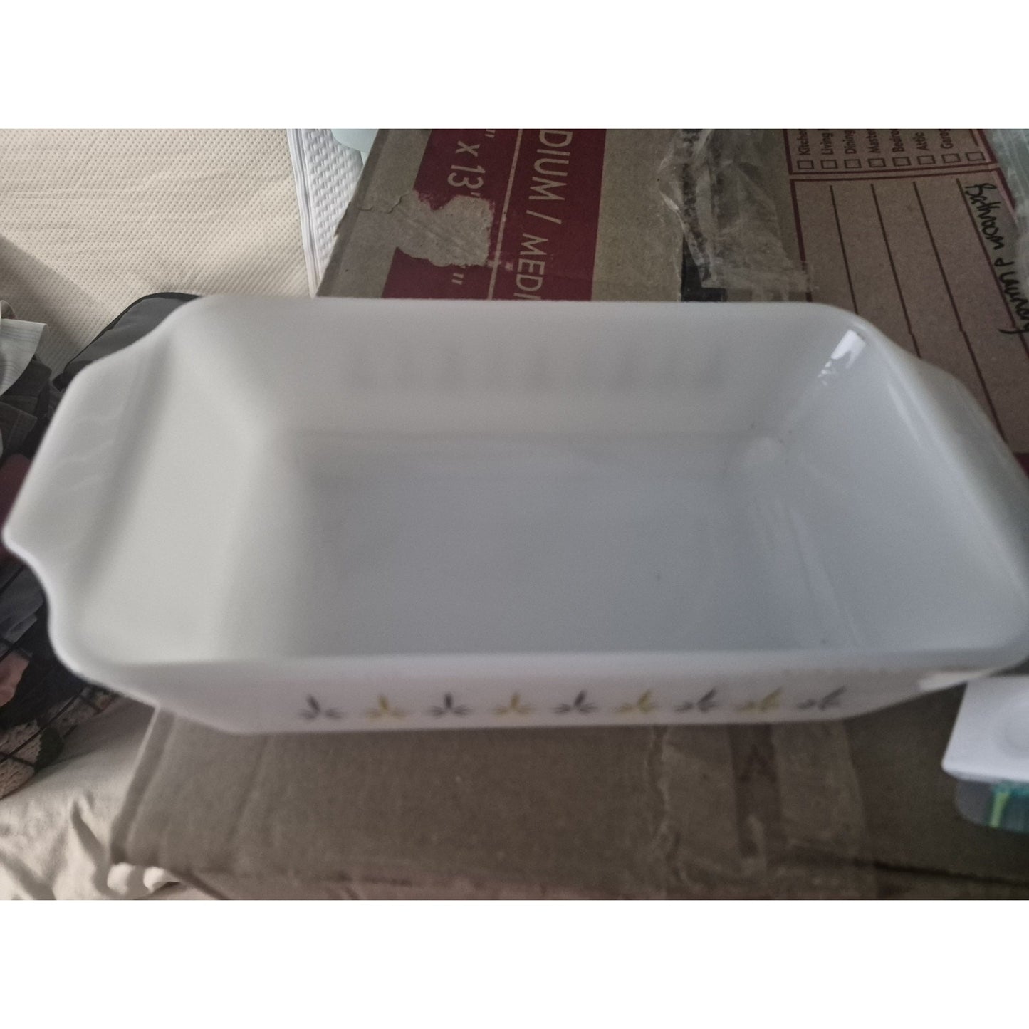 Fire King White Glass Rectangle Casserole Dish w/ Handles Blue Gold Floral