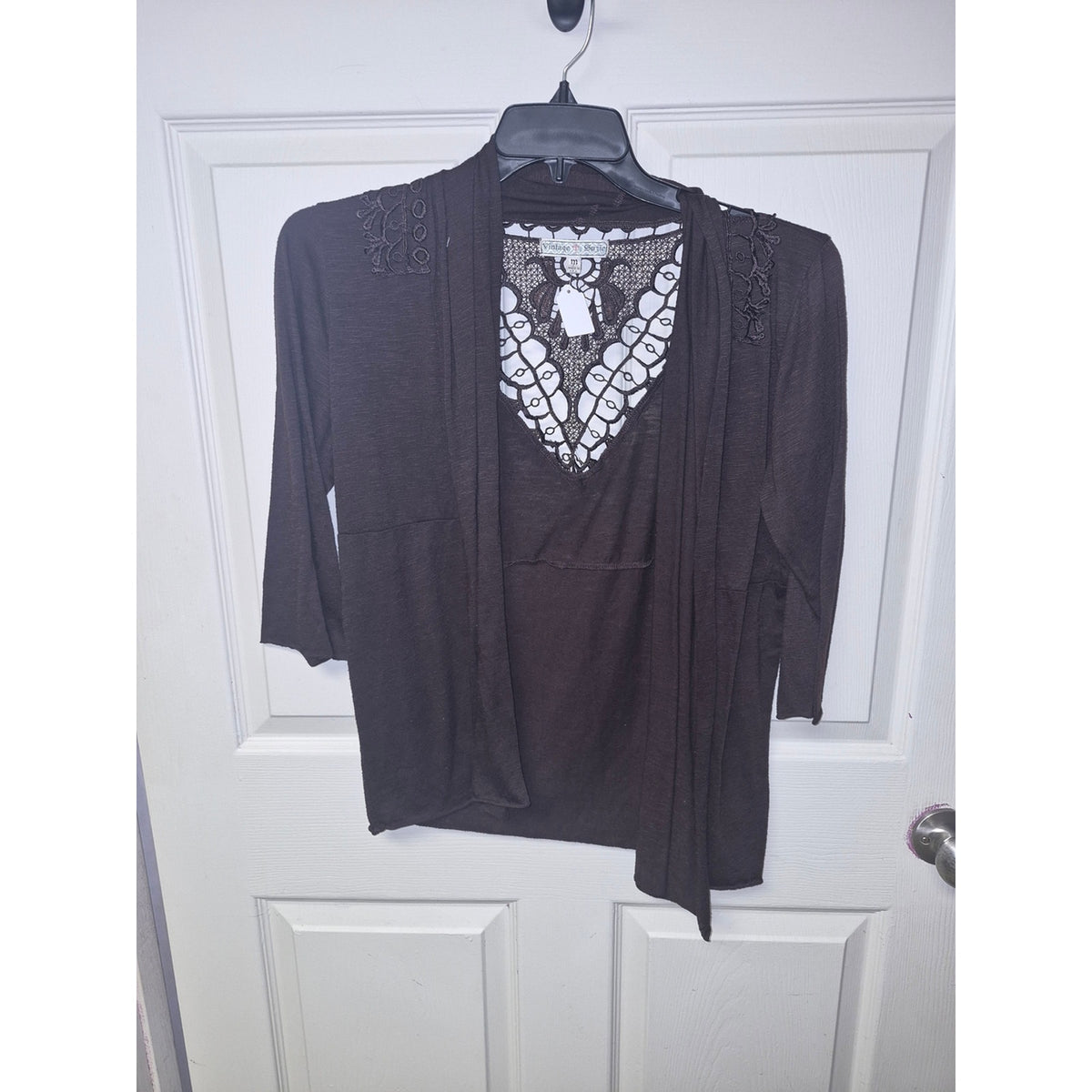 Vintage Suzie Brown Lace-Trim V-Neck Draped Women's Top