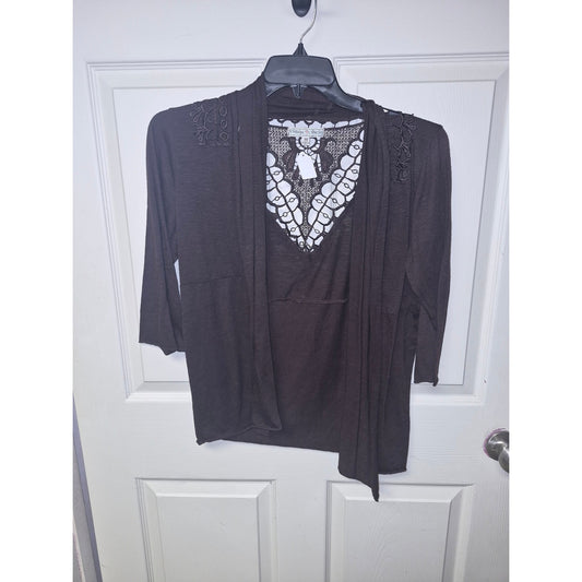 Vintage Suzie Brown Lace-Trim V-Neck Draped Women's Top