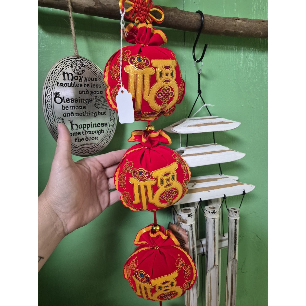 Chinese New Year Red & Gold Fabric Hanging Lantern Decorations, Chinese Theme
