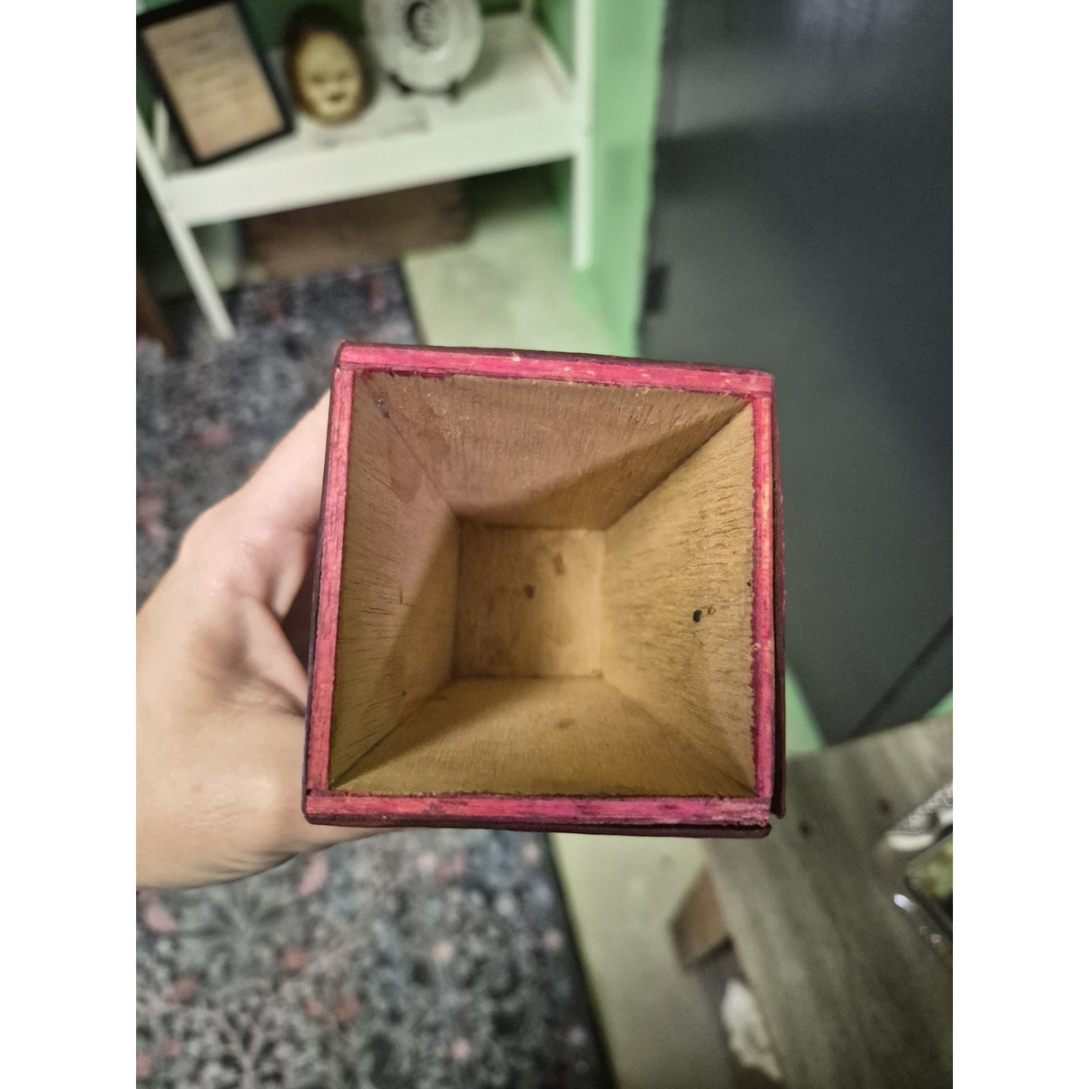Small Carved Engraved Wood Trinket Box, Red/Brown Portrait, Trapezoid