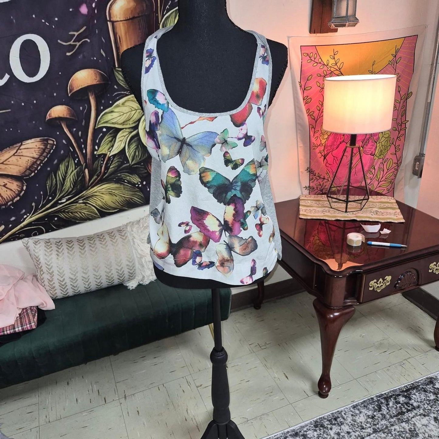 Multi colored butterfly print tank top