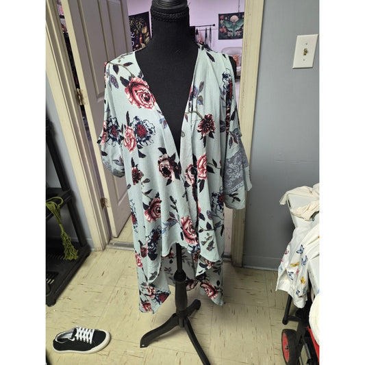Floral Open-Front Tunic Cardigan in Light Blue with Rose Print