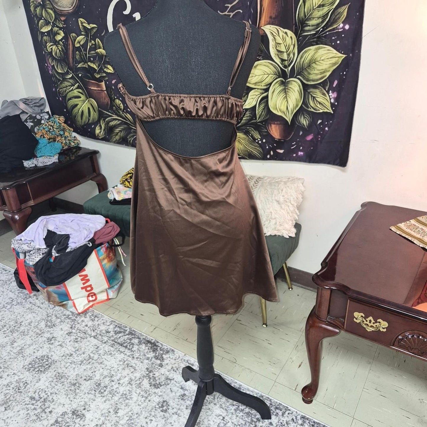 Brown satin slip dress with
