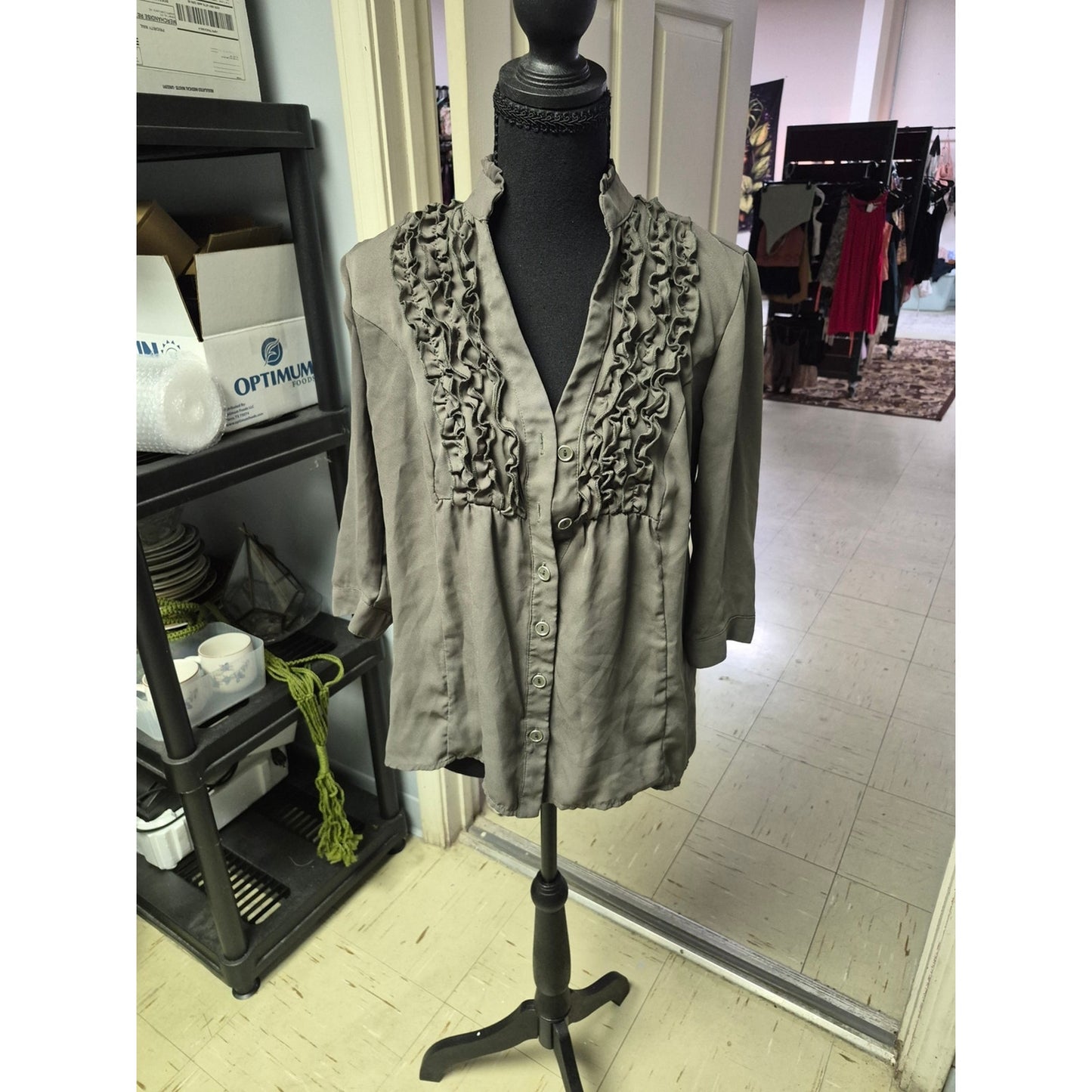 Gray Green Ruffle Front Button Blouse