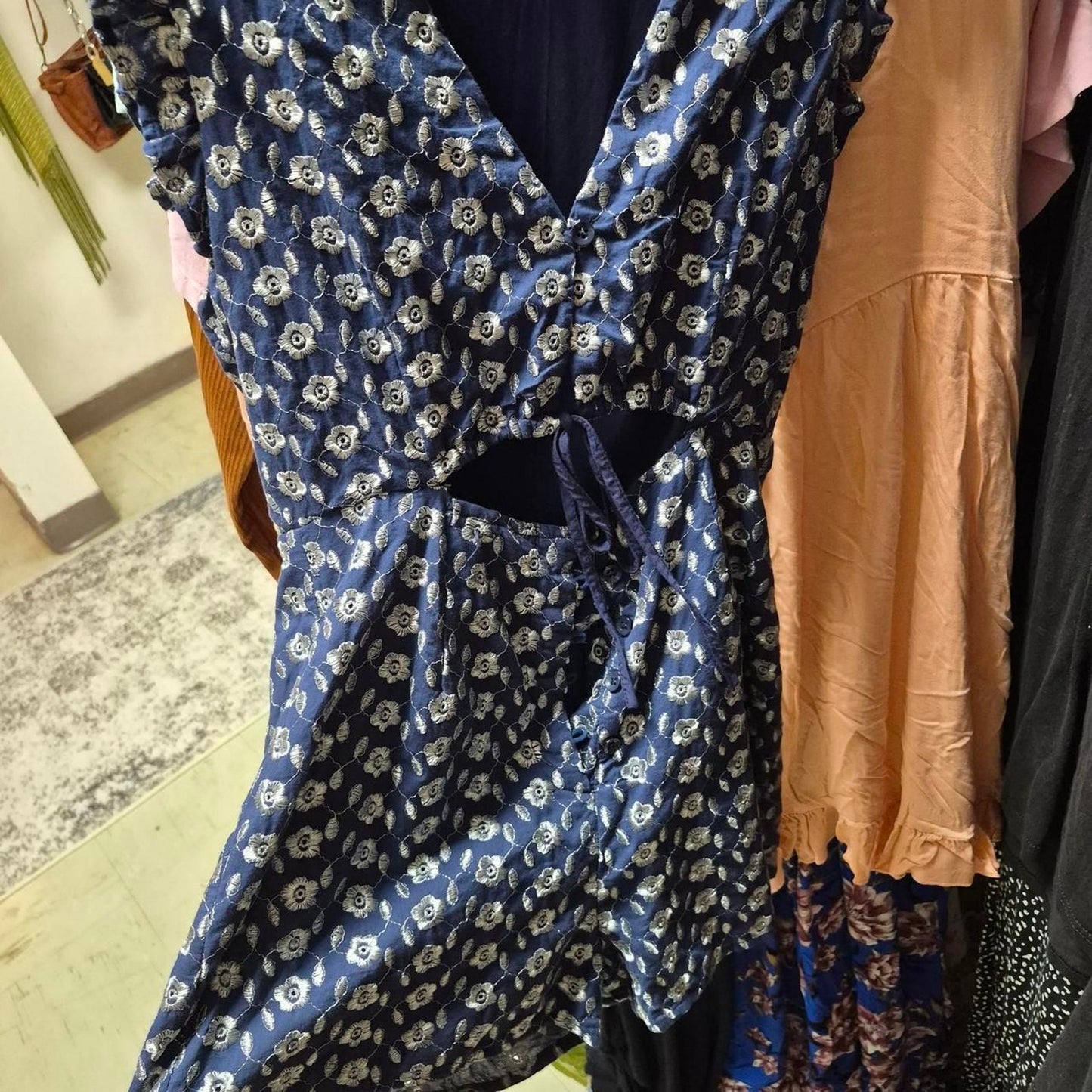 Blue floral print romper with
