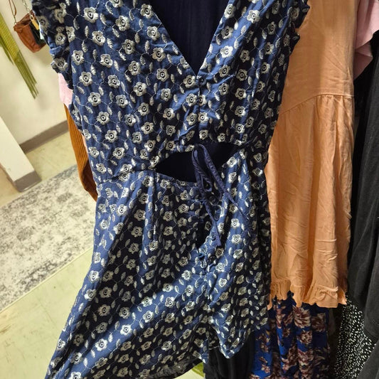 Blue floral print romper with