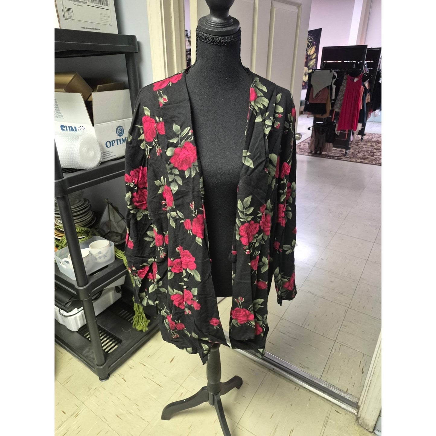 Open-Front Floral Cardigan Jacket in Black with Red Roses
