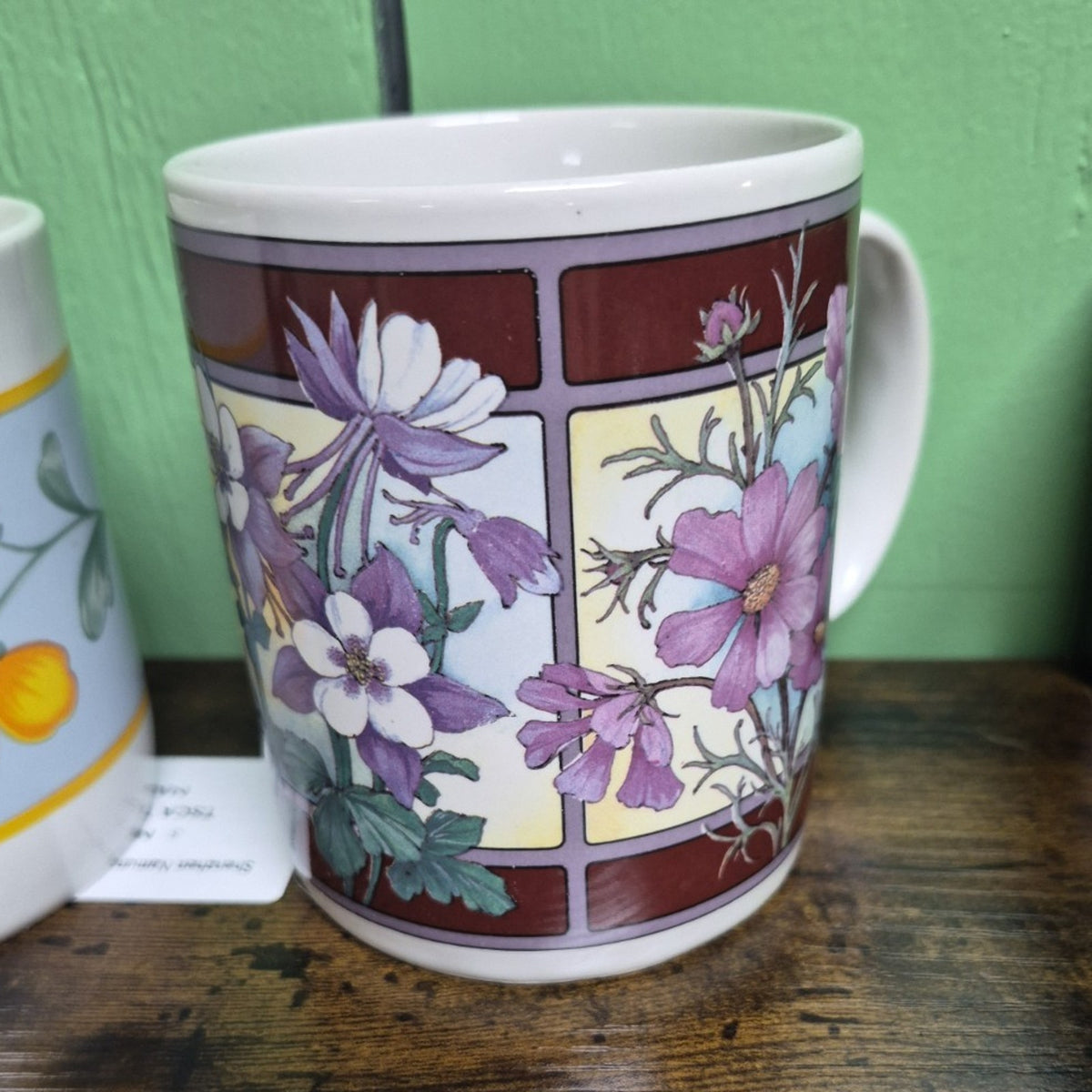 Floral Coffee Mug 11 fl oz Ceramic White Purple Brown Green Decorated