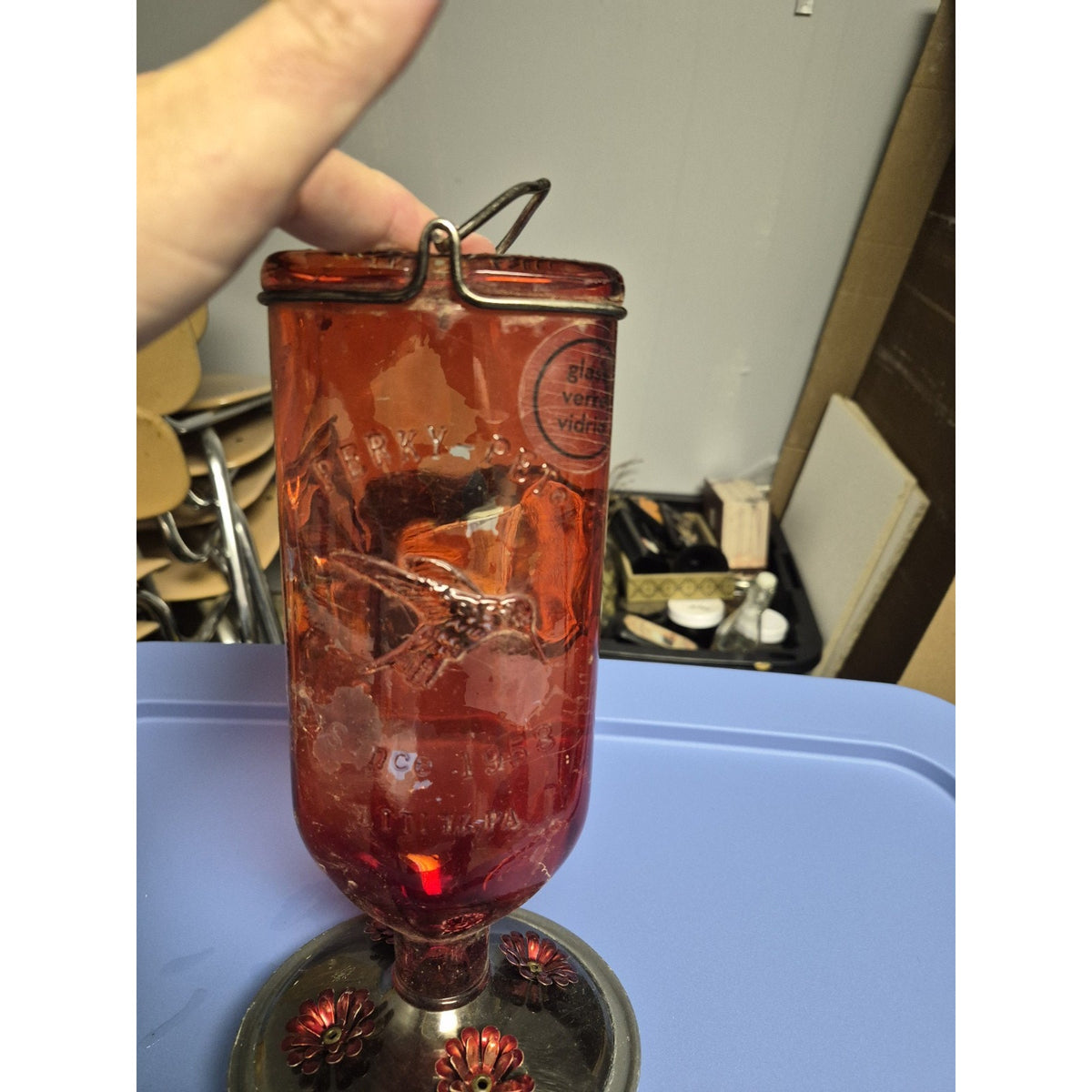 AntiquePerky-Pet Red Glass & Metal Hanging Hummingbird Nectar Feeder. Paint Fade
