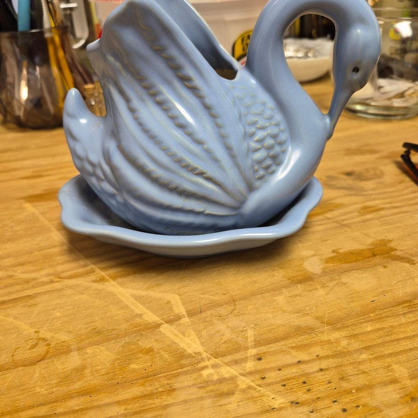 Vintage blue swan ceramic planter