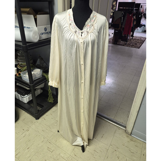 Lorraine Ivory Satin Nylon Lace Trim Long Sleeve Collared Button Gown Size L