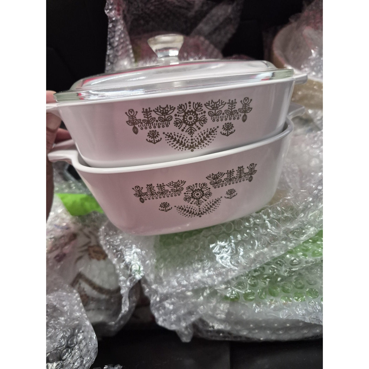 CorningWare JCP-1B White Green Floral Square 2 Casserole Dish w/ Lid Handle.