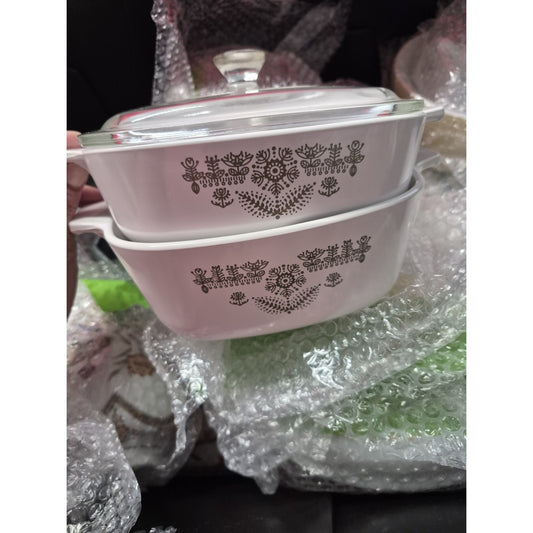 CorningWare JCP-1B White Green Floral Square 2 Casserole Dish w/ Lid Handle.