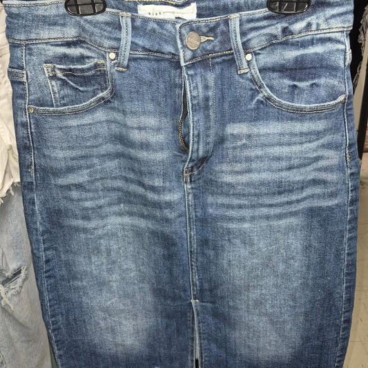 Blue denim midi skirt with