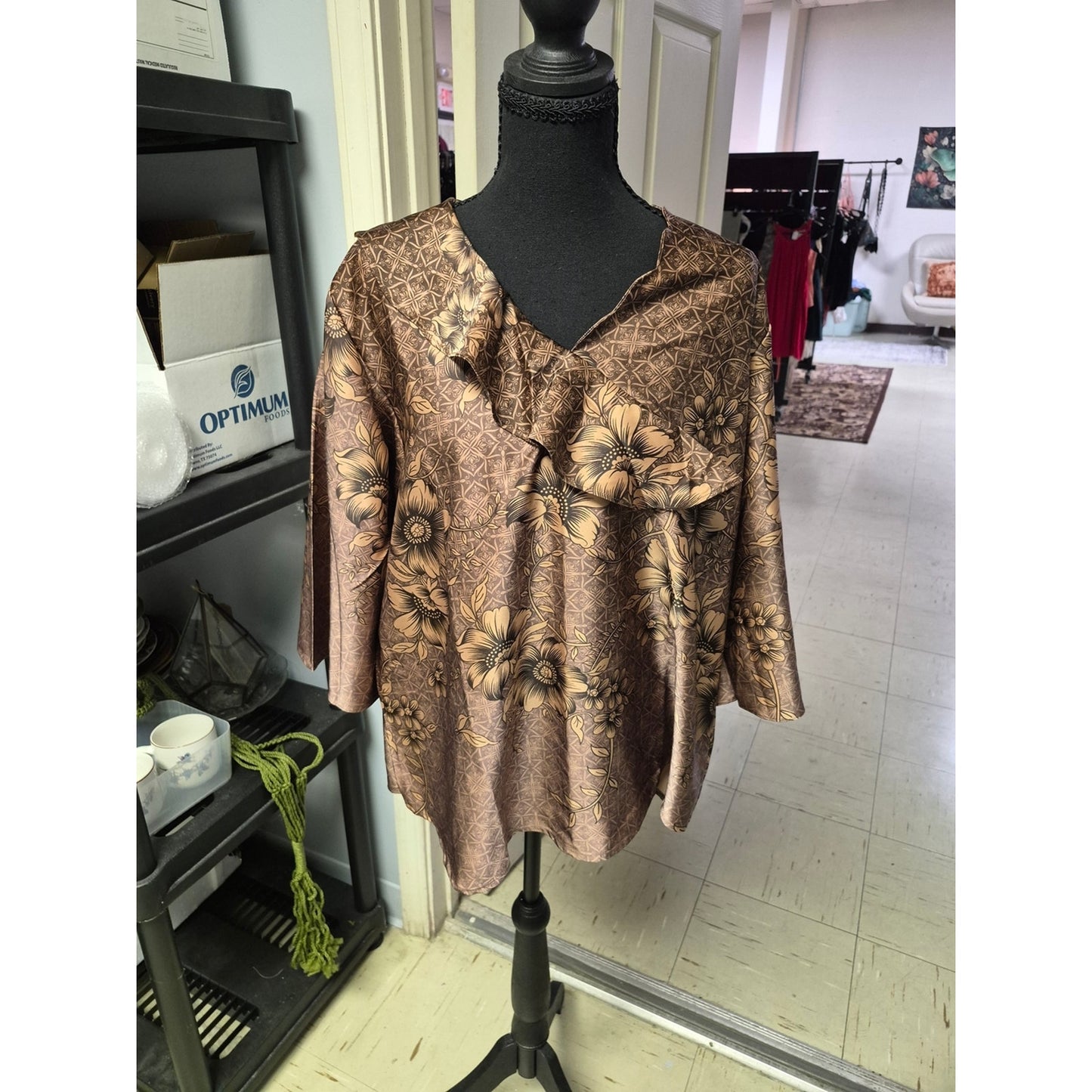 Women's Brown Floral Satin Blouse with Ruffle Detail