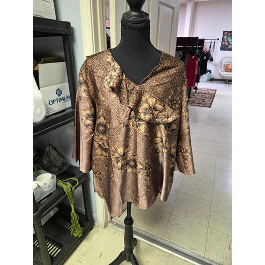 Women's Brown Floral Satin Blouse with Ruffle Detail