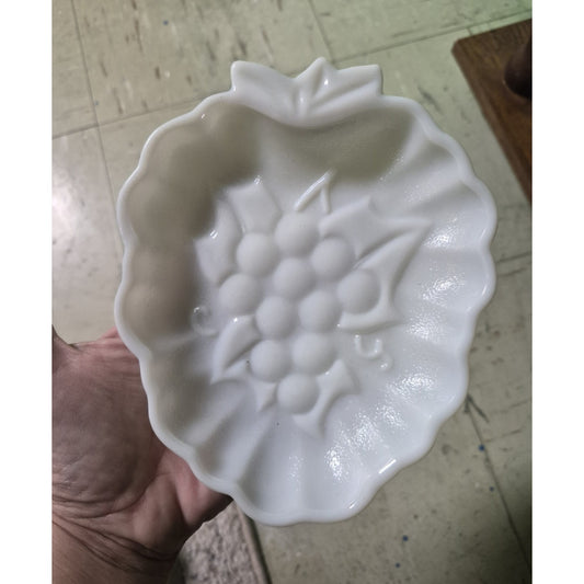 White Milk Glass Leaf-Shaped Candy Dish, Embossed Grape Pattern, Decorative