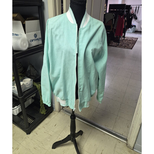 Blair Womens Green/White Solid Zip Front Bomber Jacket Ribbed Pockets S Vintage