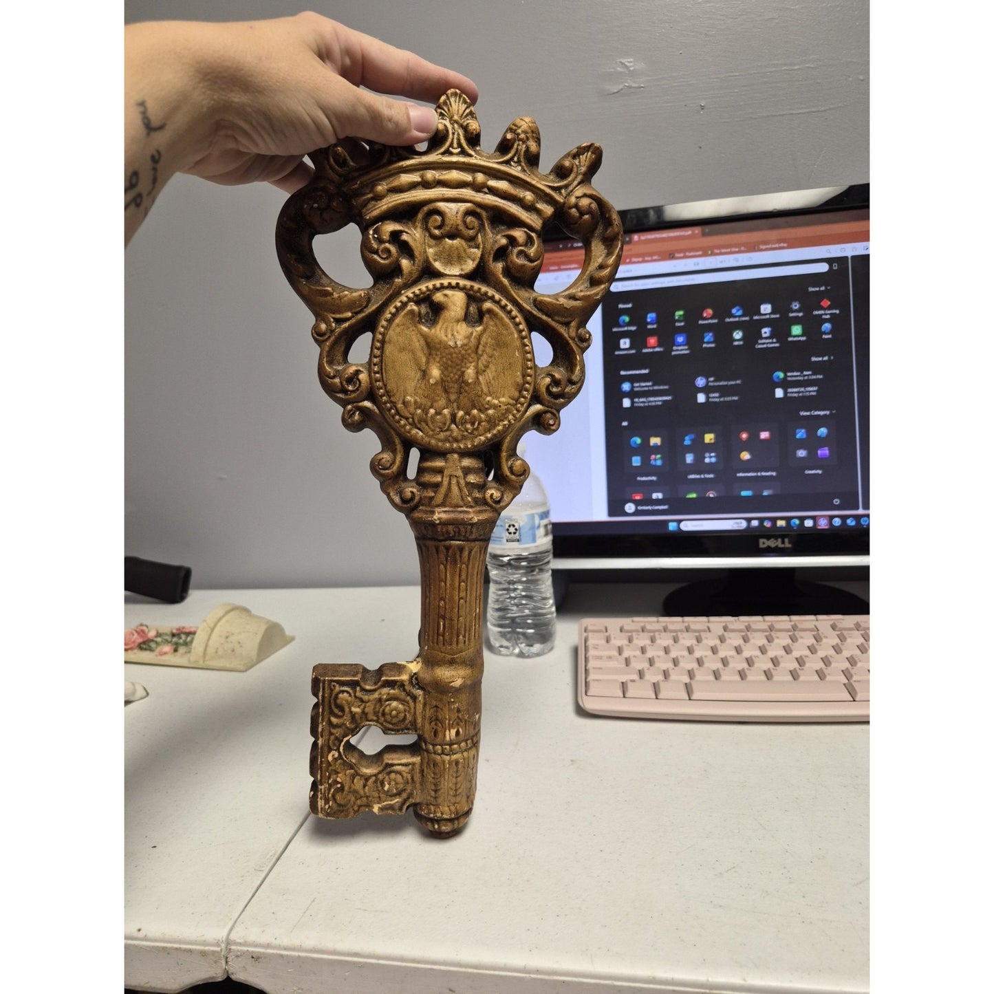 Gold Key-Shaped Wood Wall Mounted, Antique Style