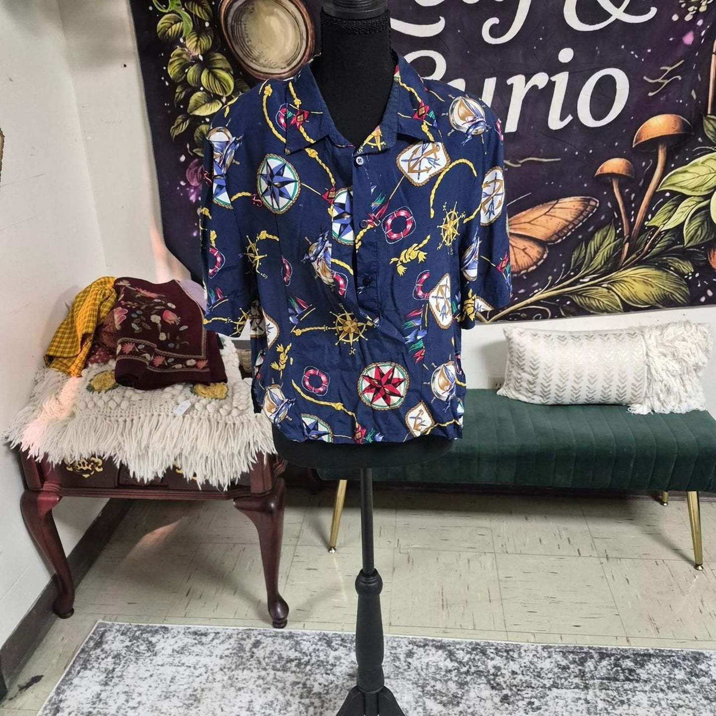 Blue hawaiian shirt with multicolored