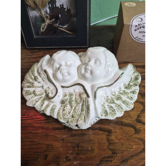 White Ceramic Cherub Angel Trinket Box with Lid, Two Baby Faces on Leaves