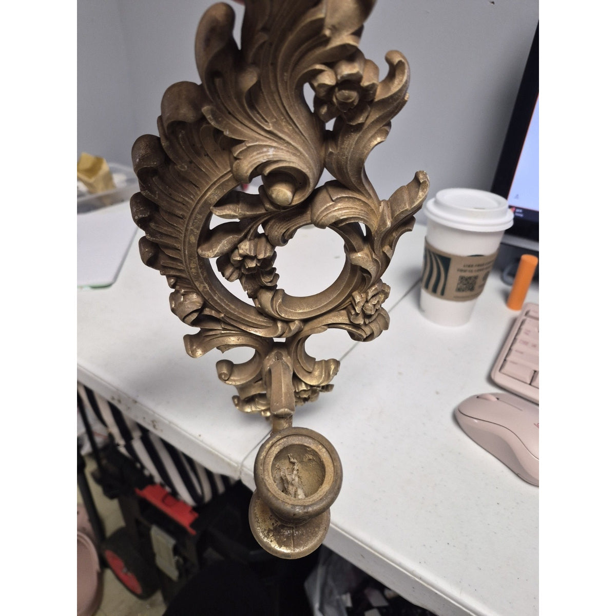 Gold Tone Ornate Floral Plastic Wall Mounted Candle Holder