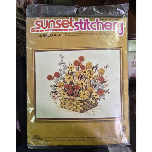 Sunset Stitchery Field Flower Basket Hand Embroidery Kit Framed Picture