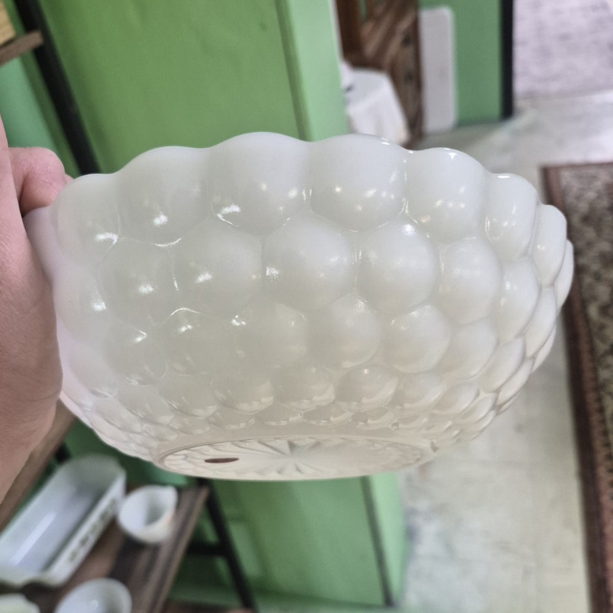 White Hobnail Milk Glass Round Serving Bowl with Scalloped Rim, Glossy