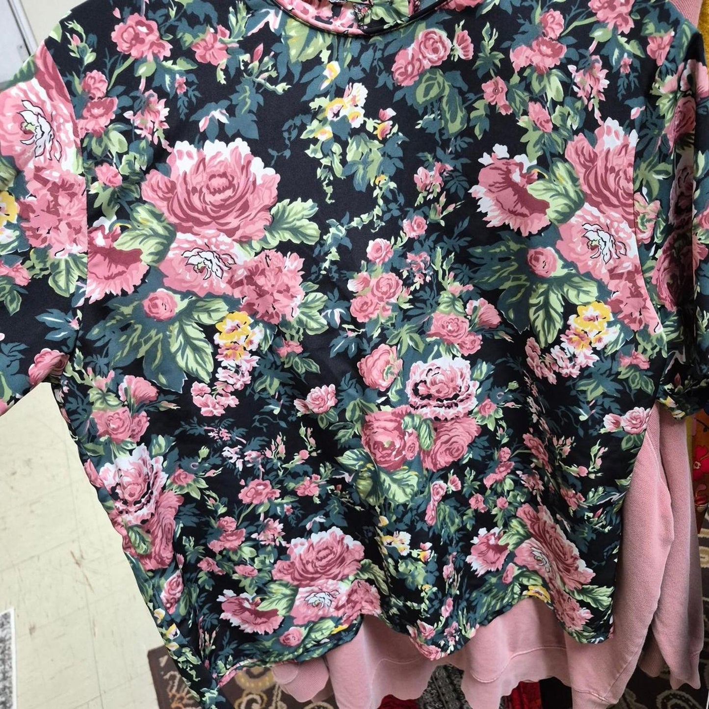 Pink floral blouse with green