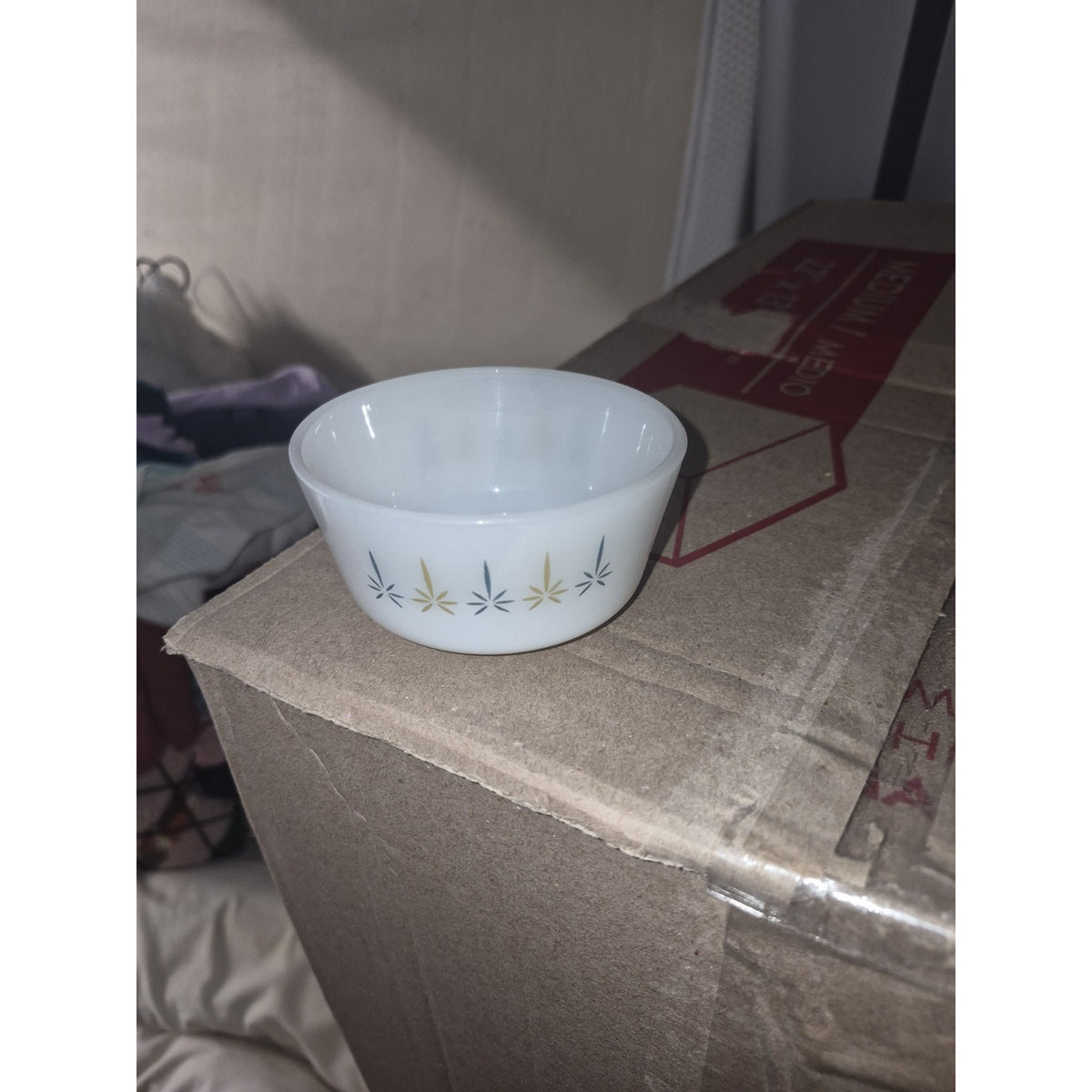 Fire-King Milk Glass Starburst Atomic Bowl White Gold Black 5in MCM