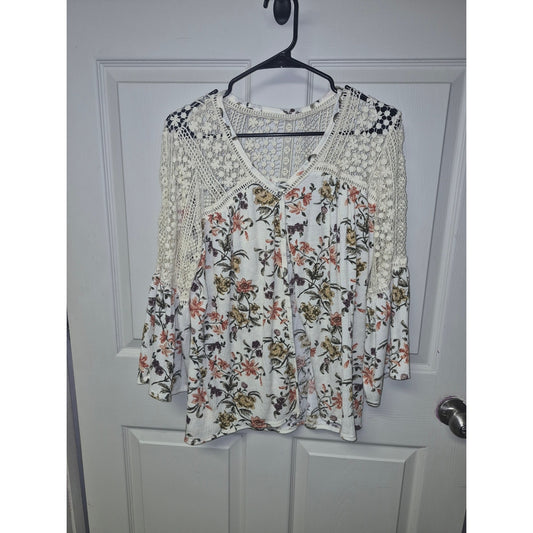 Cato Cream Floral Crochet Yoke V-Neck Blouse