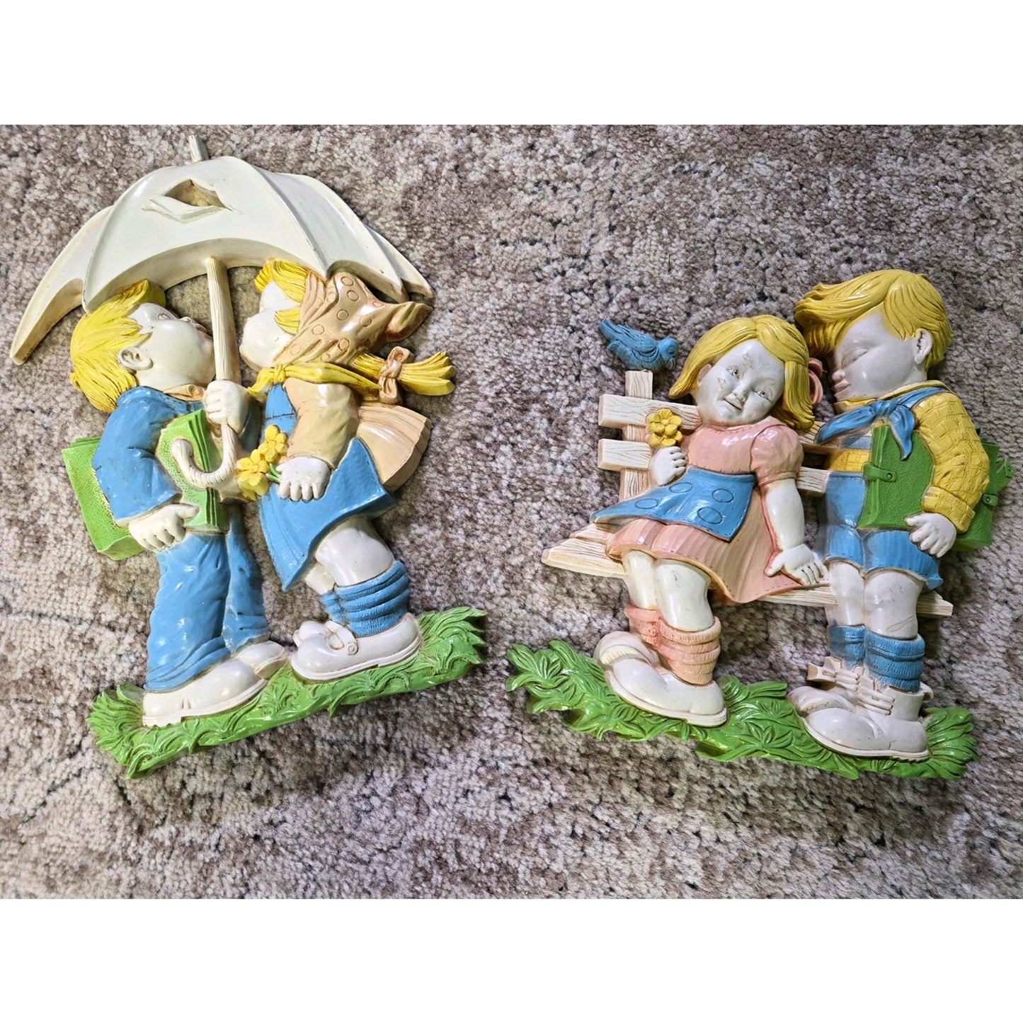 2 Antique Plastic Kids Children Theme Multicolor Decorative Wall Pl