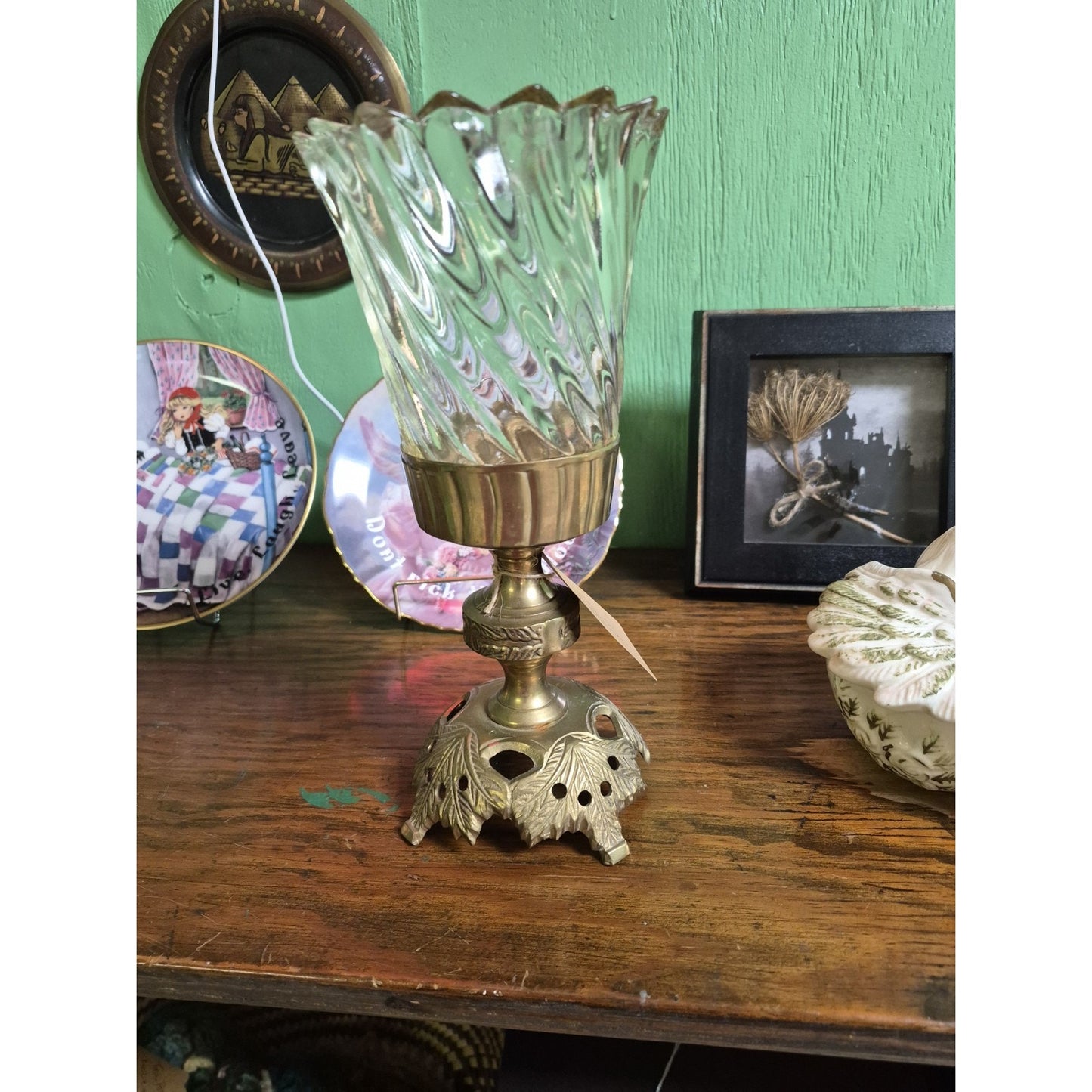 Clear Swirl Textured Glass Hurricane Candle Holder, Gold Tone Leaf Metal Base