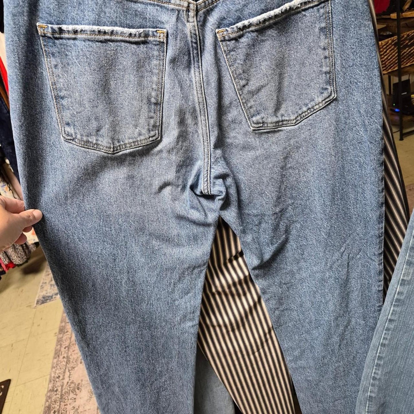 High waisted wide leg blue jeans with