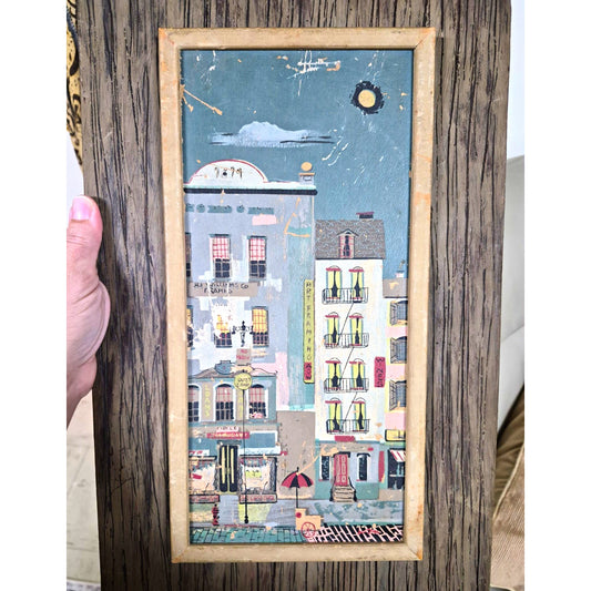 Margaret Layton Framed Cityscape Buildings Print, Folk Art Portrait, Paper