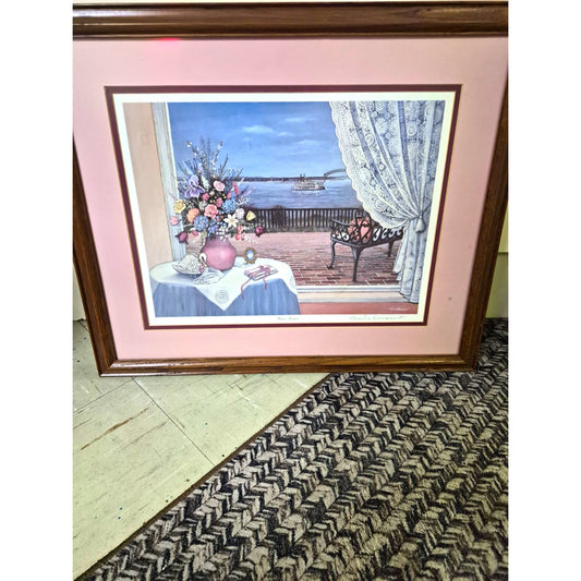 Framed Matted Coastal Seascape Art Print Flowers Vase Bench Paper Landscape